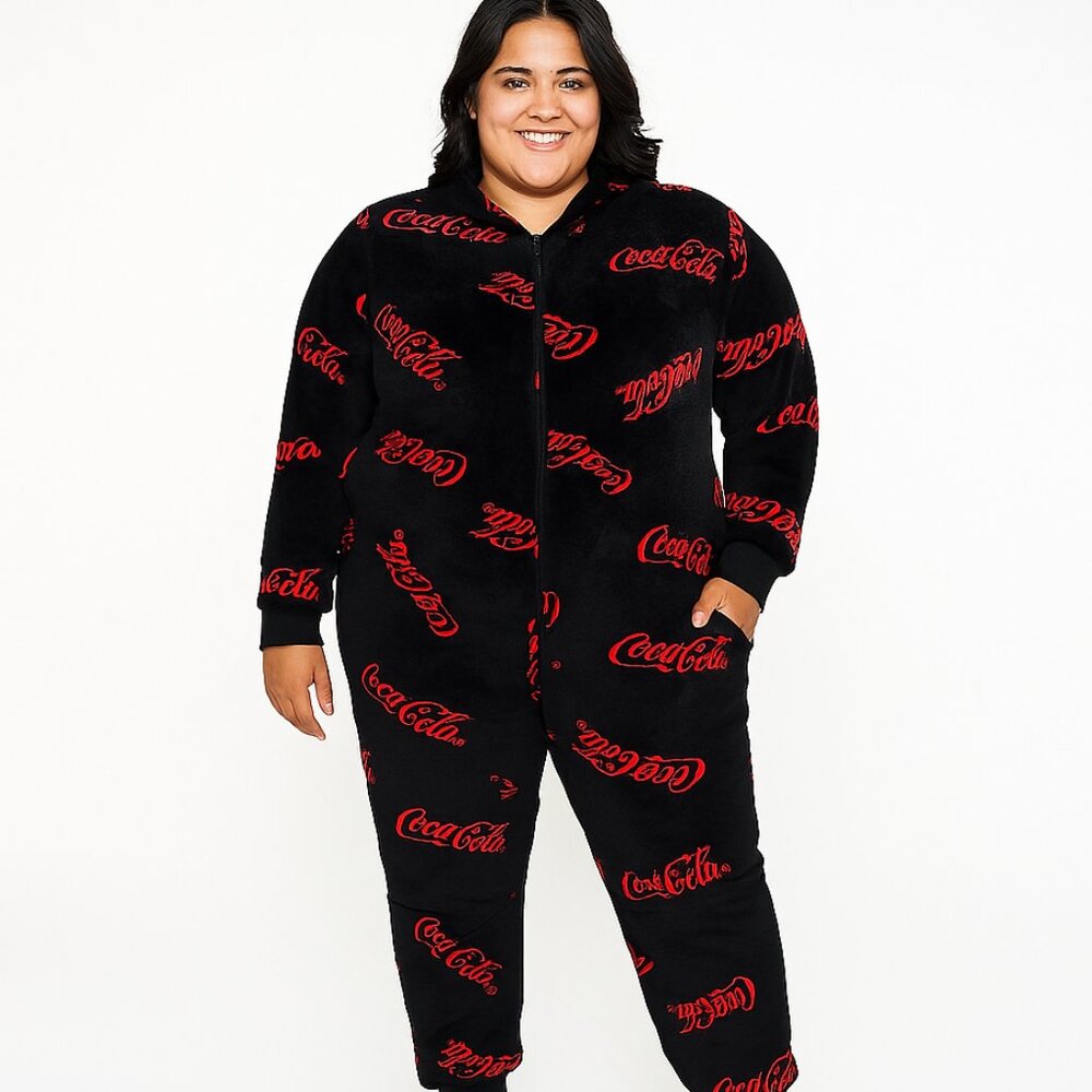 NWT Sip in Style: Iconic Coca-Cola One-Piece Plush Jumpsuit Hoodie Adults size M